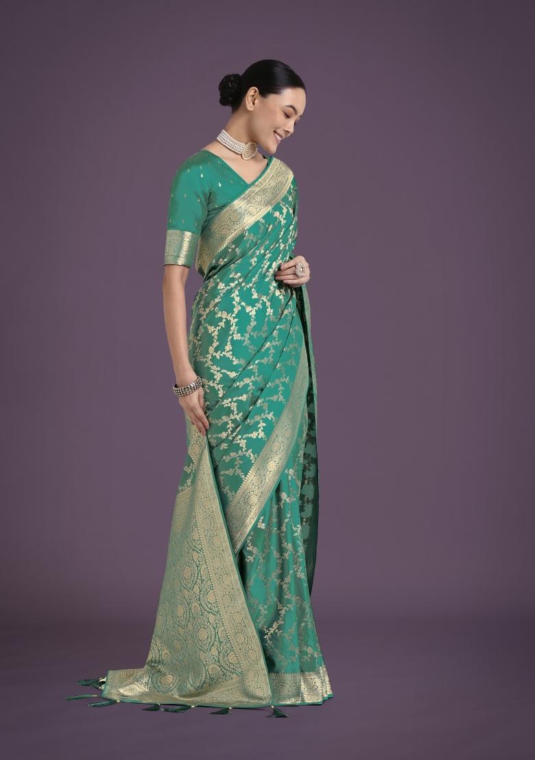 Turquoise Blue Zari Woven Banarasi Satin Silk Saree Set