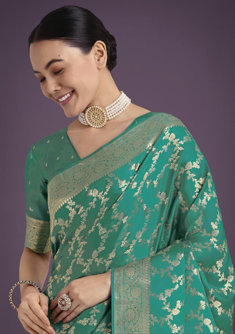 Turquoise Blue Zari Woven Banarasi Satin Silk Saree Set