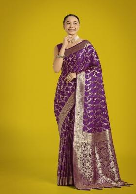 Purple Zari Woven Banarasi Satin Silk Saree Set