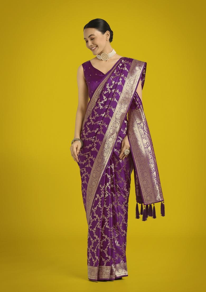 Purple Zari Woven Banarasi Satin Silk Saree Set