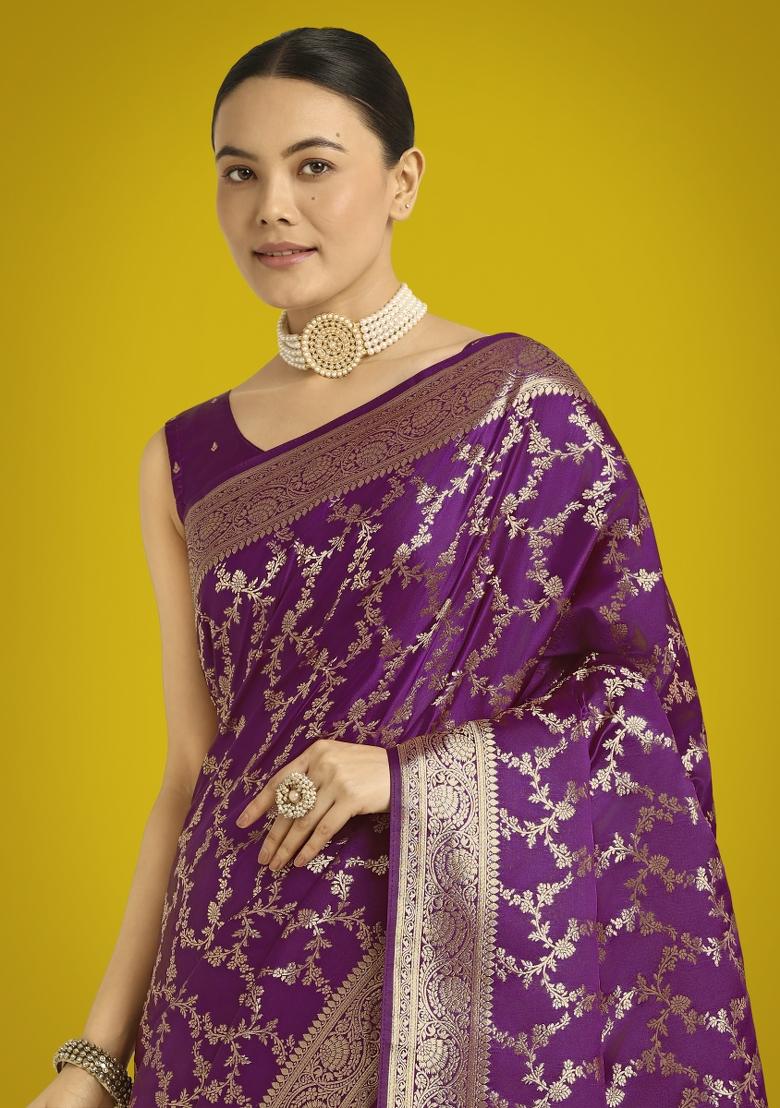 Purple Zari Woven Banarasi Satin Silk Saree Set
