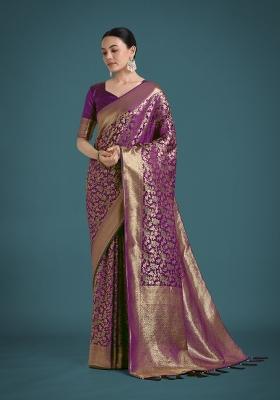 Purple Zari Woven Banarasi Satin Silk Saree Set