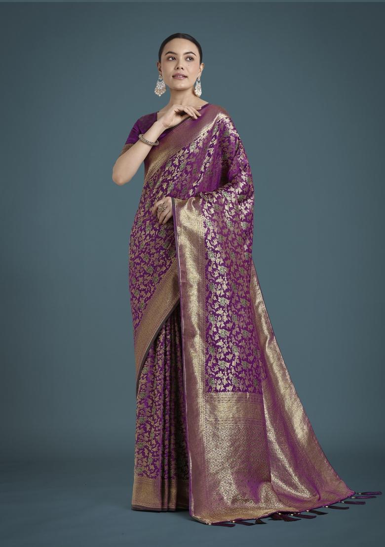 Purple Zari Woven Banarasi Satin Silk Saree Set