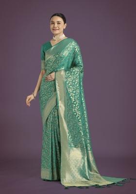 Turquoise Blue Zari Woven Banarasi Satin Silk Saree Set