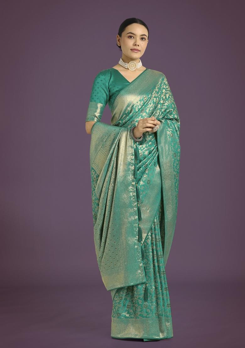 Turquoise Blue Zari Woven Banarasi Satin Silk Saree Set