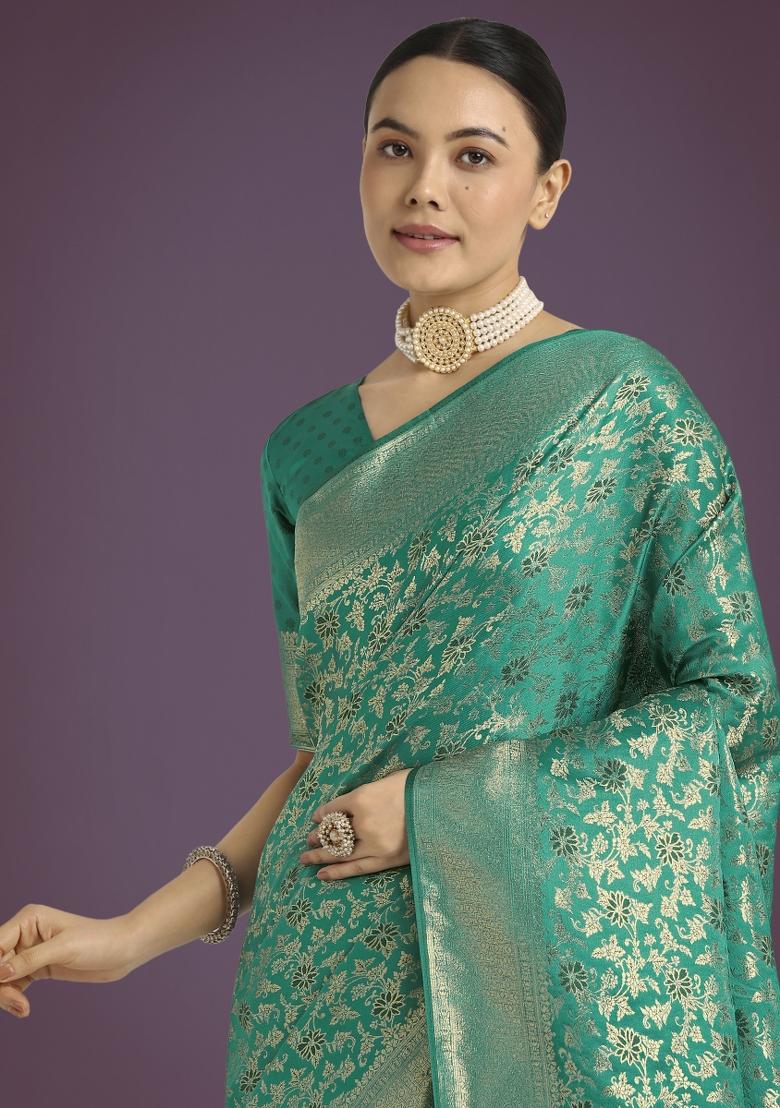 Turquoise Blue Zari Woven Banarasi Satin Silk Saree Set