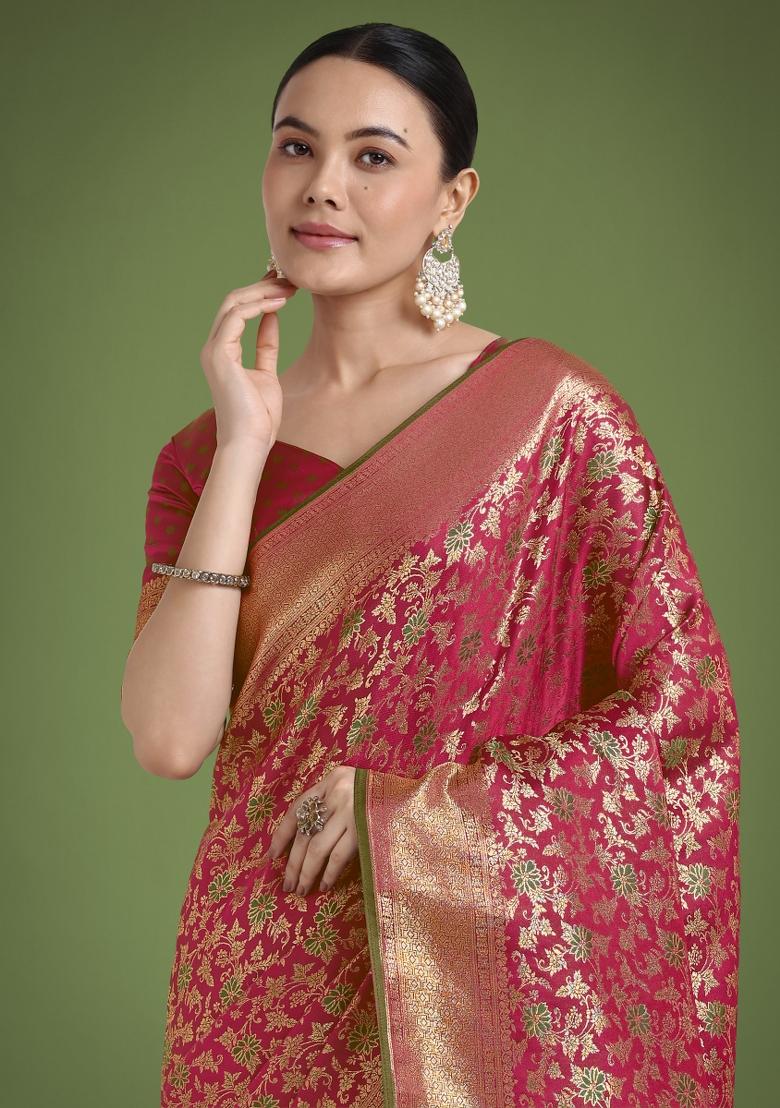 Maroon Zari Woven Banarasi Satin Silk Saree Set
