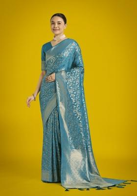 Sky Blue Zari Woven Banarasi Satin Silk Saree Set