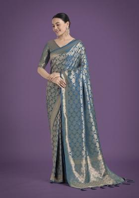 Cyan Blue Zari Woven Banarasi Satin Silk Saree Set