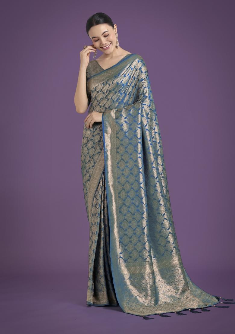 Cyan Blue Zari Woven Banarasi Satin Silk Saree Set