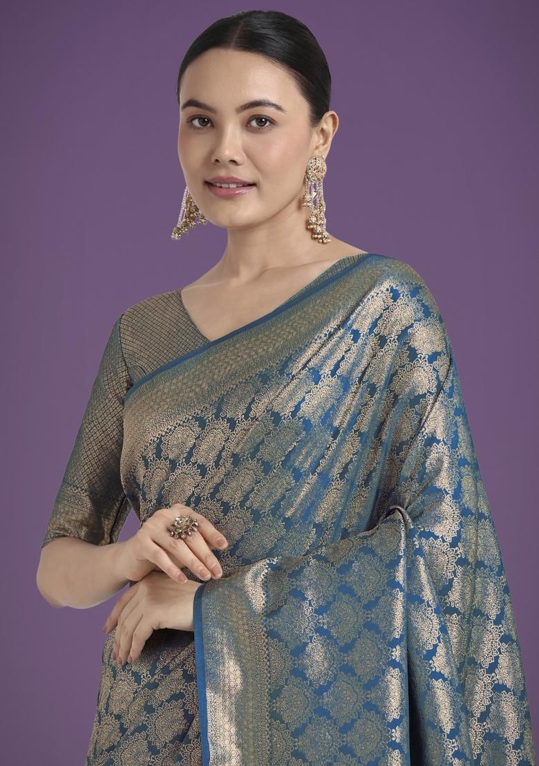 Cyan Blue Zari Woven Banarasi Satin Silk Saree Set