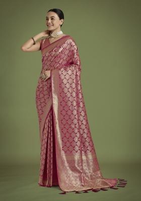 Dark Pink Zari Woven Banarasi Satin Silk Saree Set