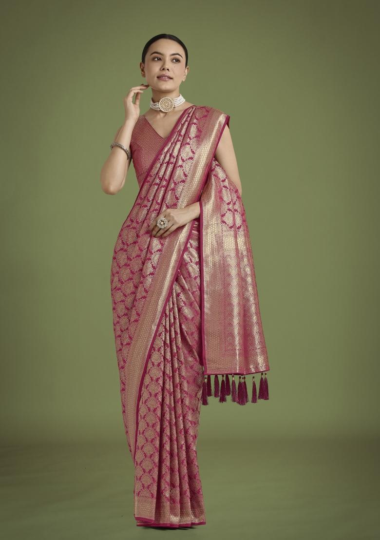 Dark Pink Zari Woven Banarasi Satin Silk Saree Set
