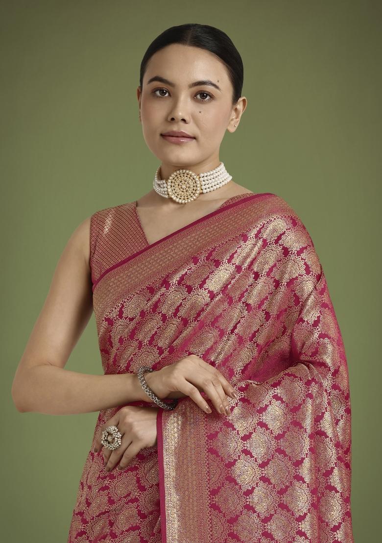 Dark Pink Zari Woven Banarasi Satin Silk Saree Set