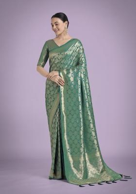 Turquoise Blue Zari Woven Banarasi Satin Silk Saree Set