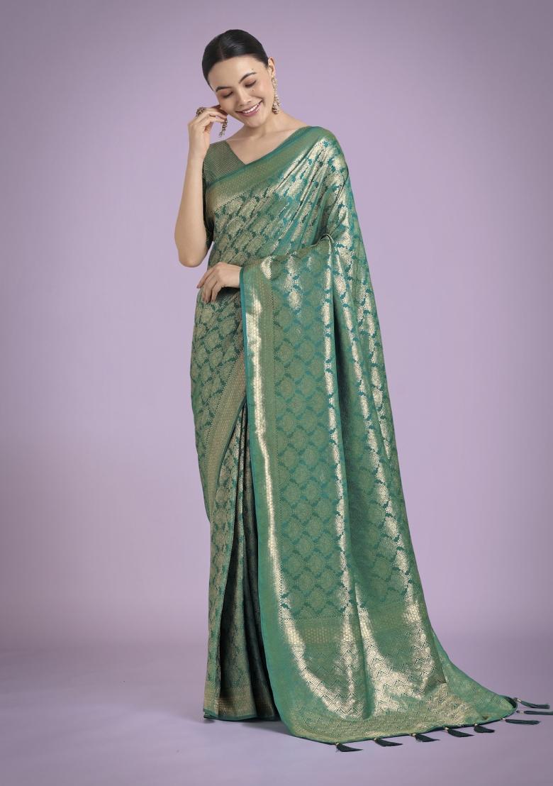 Turquoise Blue Zari Woven Banarasi Satin Silk Saree Set