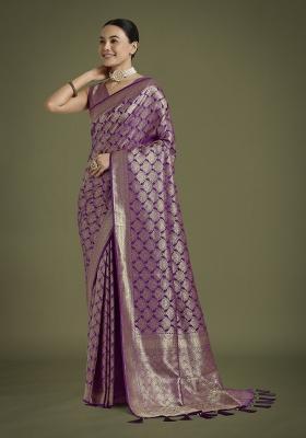 Purple Zari Woven Banarasi Satin Silk Saree Set