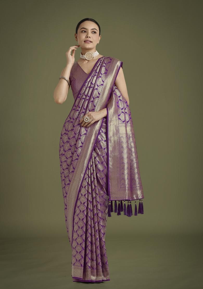 Purple Zari Woven Banarasi Satin Silk Saree Set