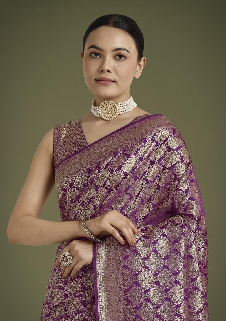 Purple Zari Woven Banarasi Satin Silk Saree Set