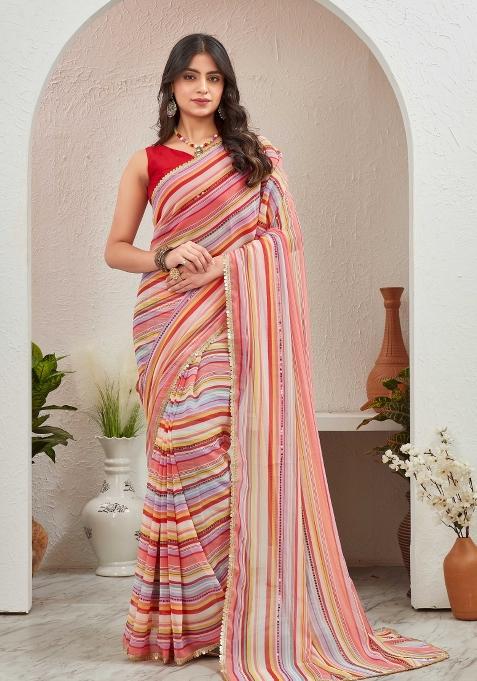 Red Embroidered Georgette Saree Set