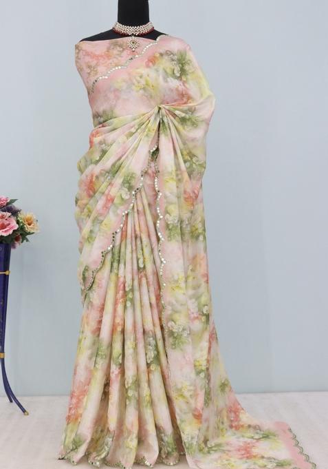 Peach Mirror Work Chiffon Saree Set