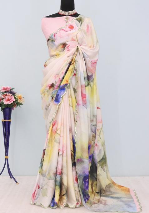 Baby Pink Mirror Work Chiffon Saree Set