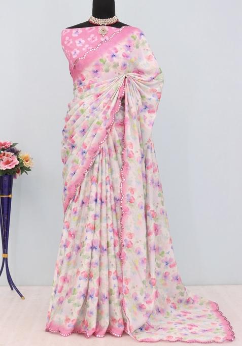 Light Pink Mirror Work Chiffon Saree Set