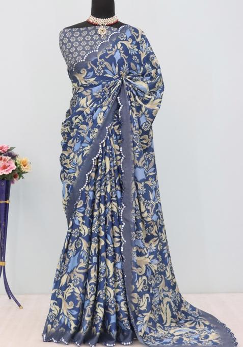 Grey Mirror Work Chiffon Saree Set