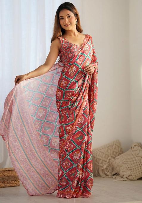 Red And Green Mirror Work Chiffon Saree Set