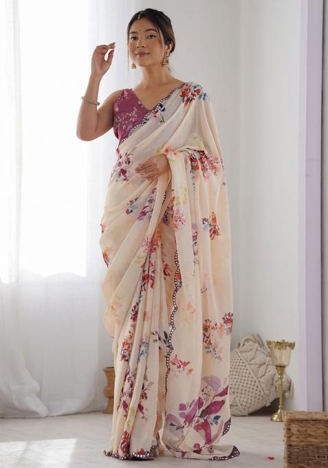 Cream Mirror Work Chiffon Saree Set