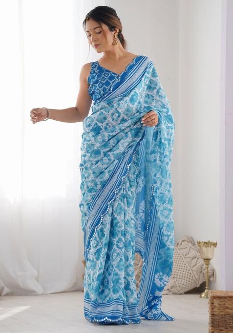 Sky Blue Mirror Work Chiffon Saree Set