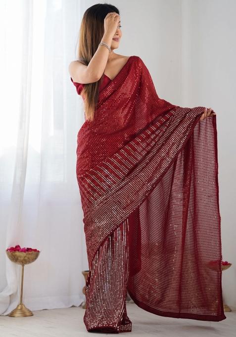 Red Embroidered Georgette Saree Set