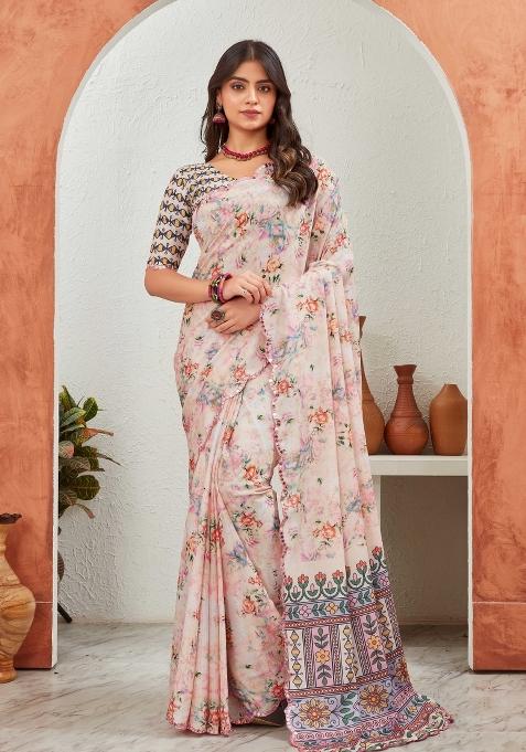 Cream Mirror Work Chiffon Saree Set