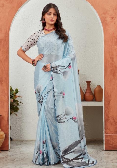 Light Blue Mirror Work Chiffon Saree Set