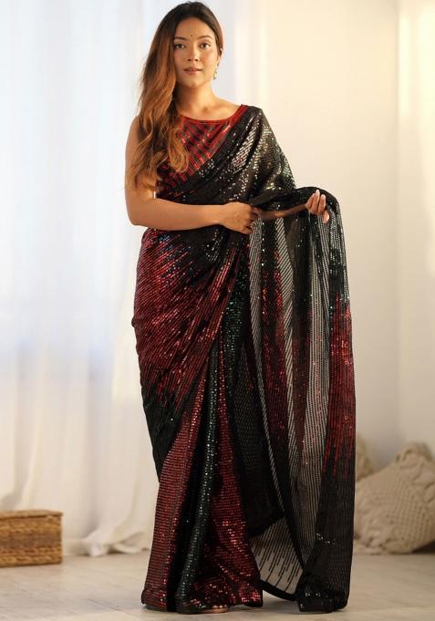 Red Embroidered Georgette Saree Set