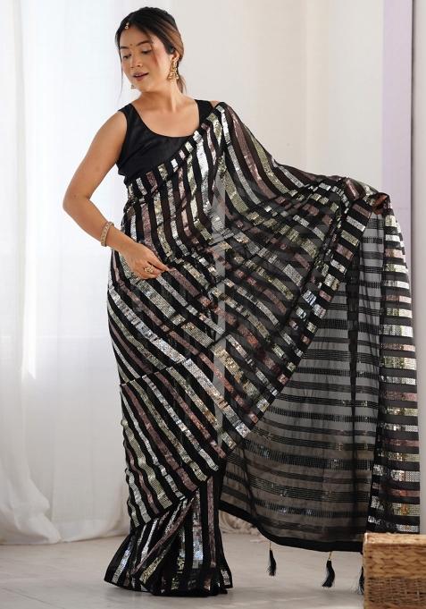 Black Embroidered Georgette Saree Set