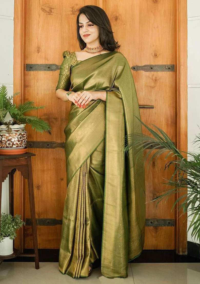 Olive Embroidered Silk Blend Saree Set for Diwali and Festive Wear - Indya