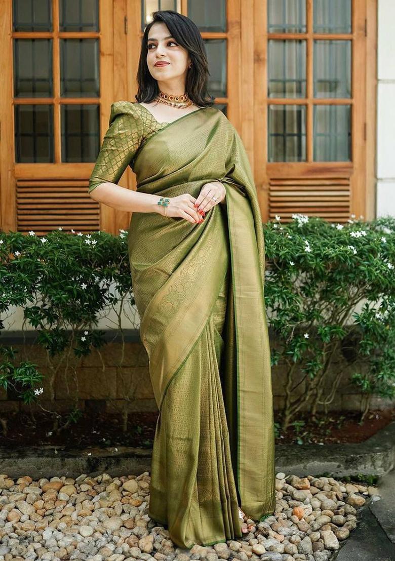 Olive Embroidered Silk Saree Set