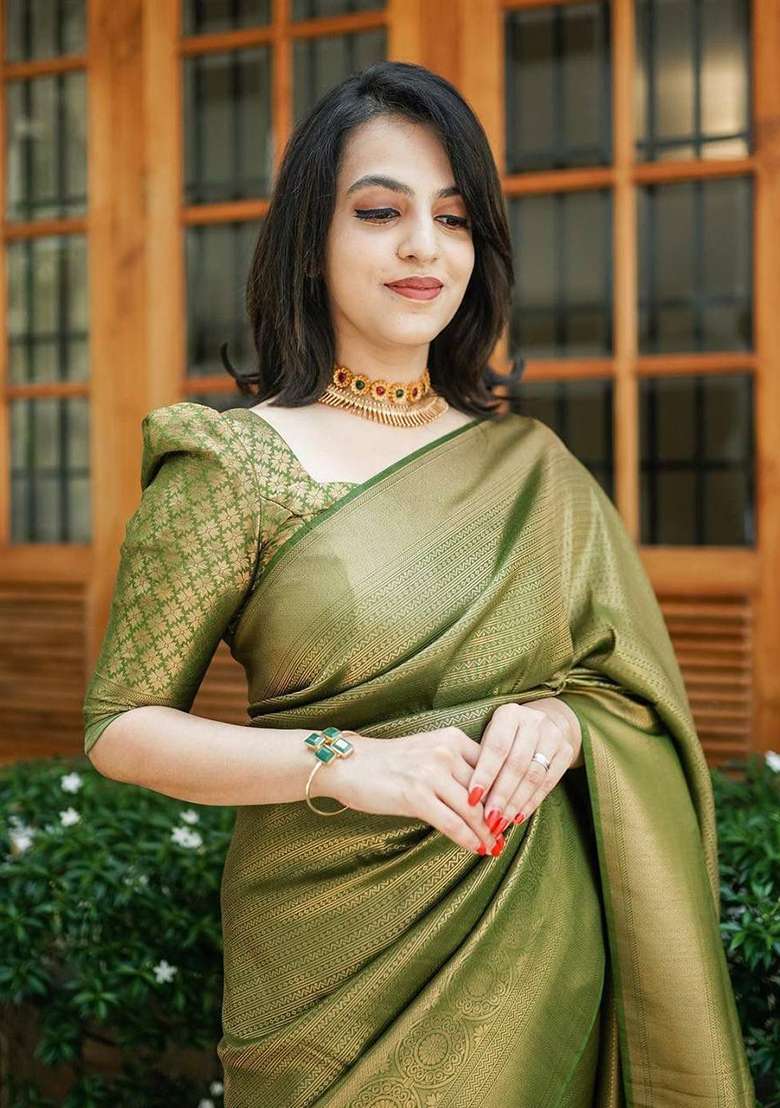 Olive Embroidered Silk Blend Saree Set for Diwali and Festive Wear - Indya