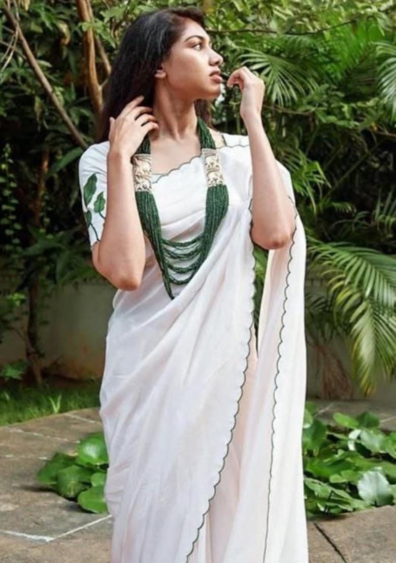 White Embroidered Georgette Saree Set