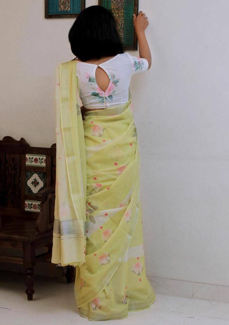 Yellow Embroidered Linen Saree Set