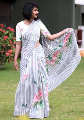 Grey Embroidered Linen Saree Set