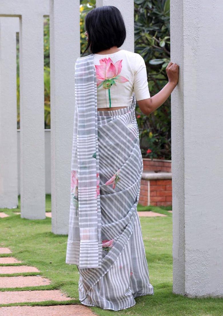 Grey Embroidered Linen Saree Set