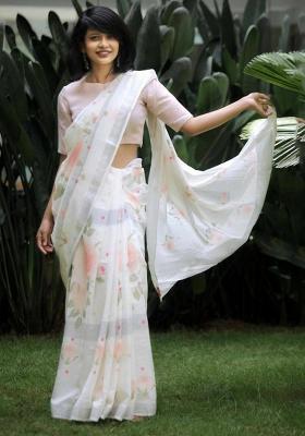 White Embroidered Linen Saree Set
