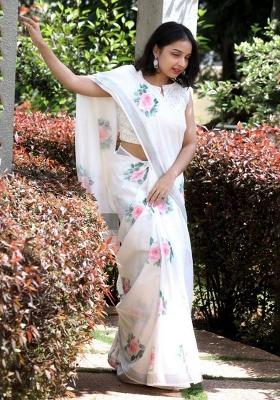 White Embroidered Linen Saree Set