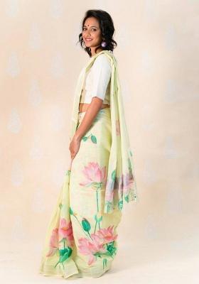 Yellow Embroidered Linen Saree Set