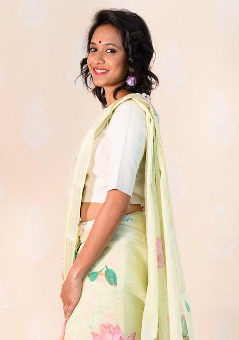 Yellow Embroidered Linen Saree Set