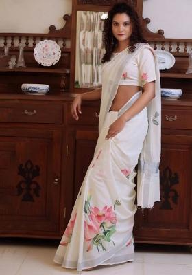 White Embroidered Linen Saree Set
