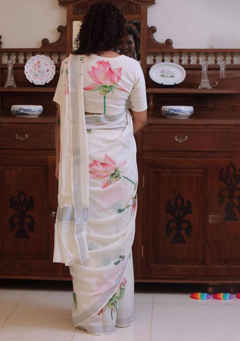 White Embroidered Linen Saree Set