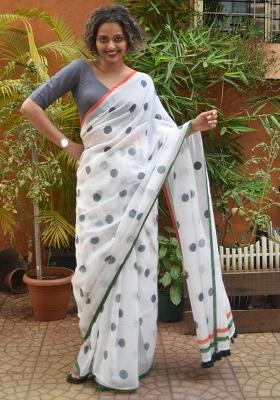 White Embroidered Linen Saree Set